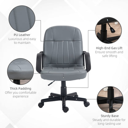 HOMCOM Desk Chair, PU Leather Computer Office Chair with Adjustable Height, Swivel Wheels for Home Work Study, Grey