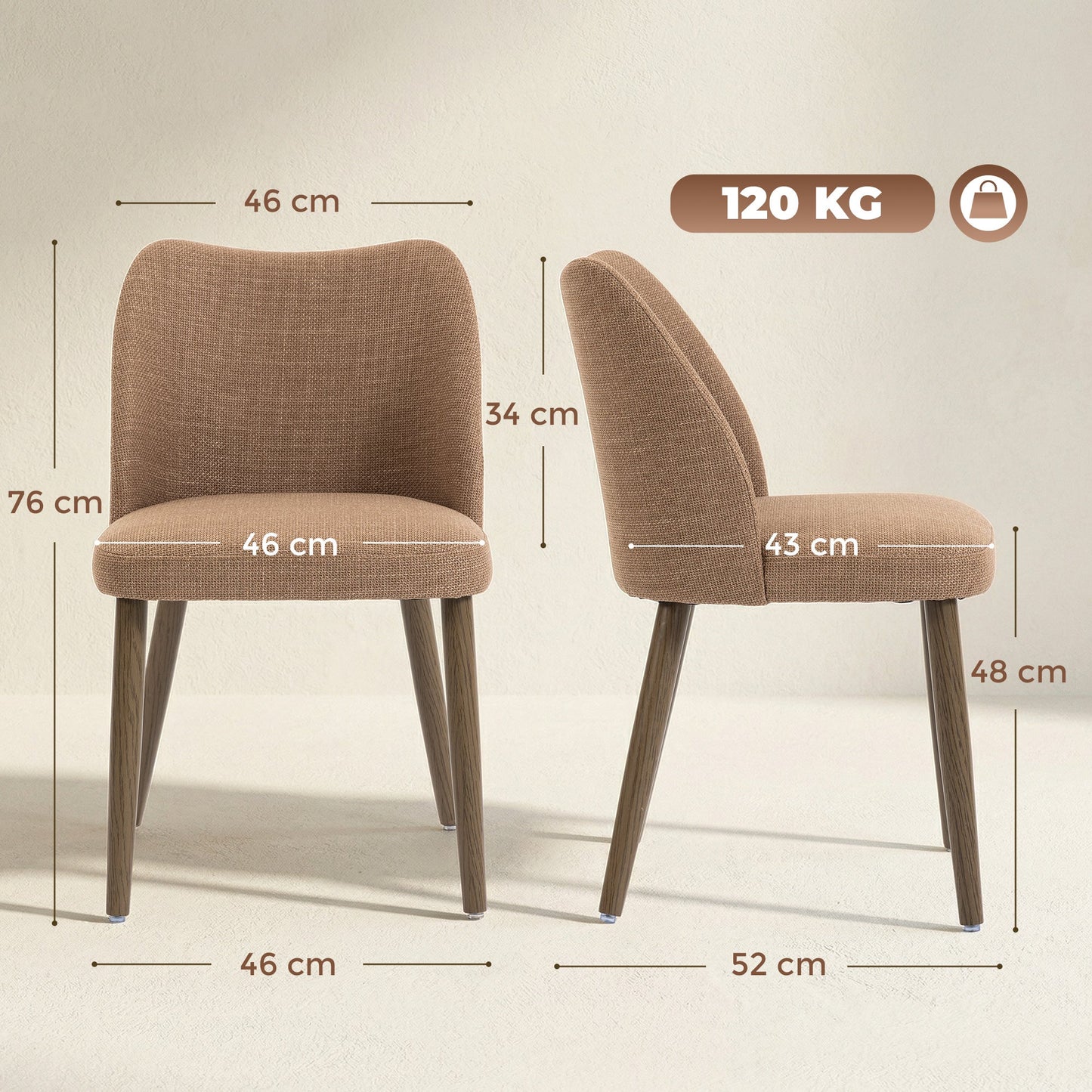 HOMCOM Dining Chairs Set of 2, Linen Upholstered Kitchen Chairs with Padded Seat, Curved Backrest, Rubberwood Legs, Brown