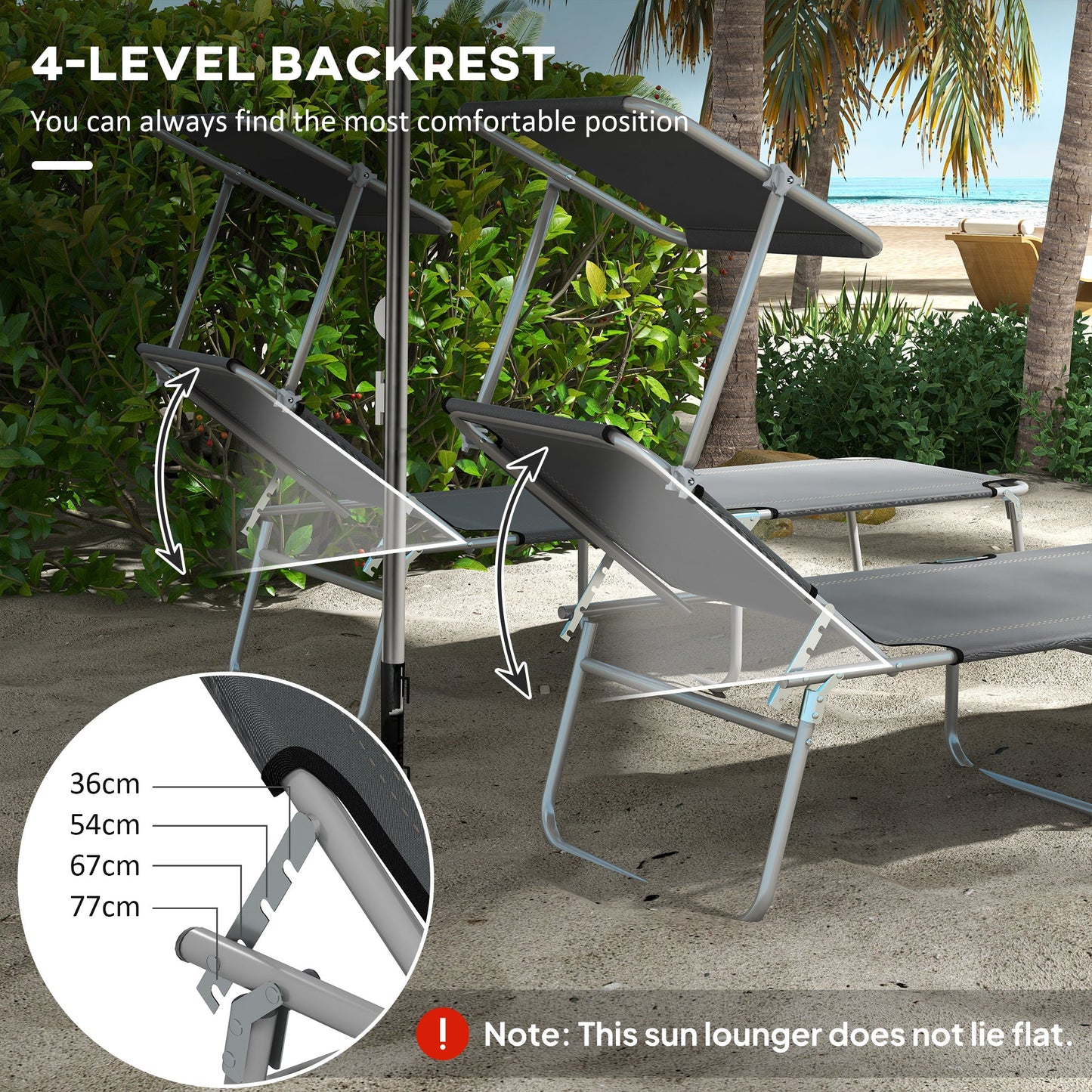 Outsunny Folding Sun Lounger Set of 2 with Canopy, Reclining Sunbed with 4-Position Adjustable Backrest, 600D Oxford Cloth, Portable Garden Lounger Recliner Chair for Beach, Camping, Patio, Grey