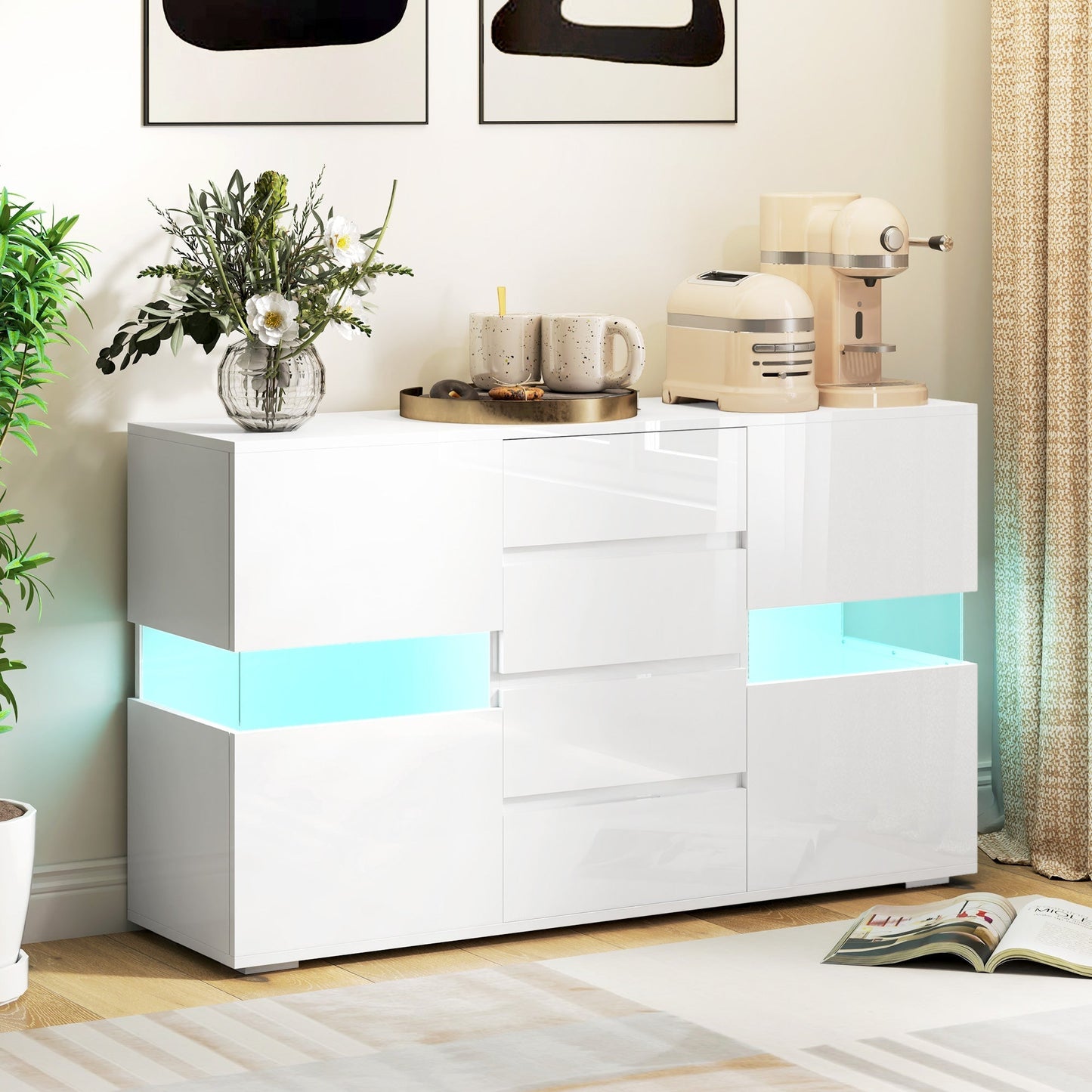 بوفيه إضاءة LED من HOMCOM - أبيض شديد اللمعان