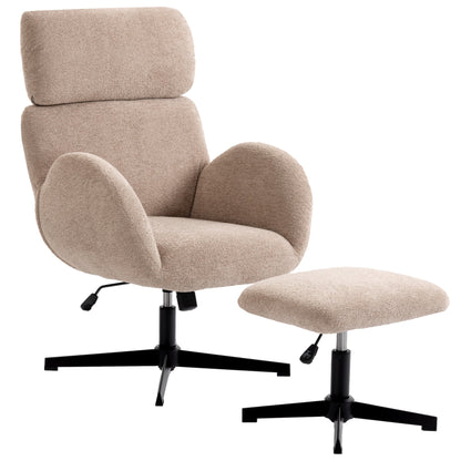 HOMCOM Swivel Armchair and Footstool Set, Height Adjustable Accent Chair with Adjustable Headrest, Rocking Function, Light Brown