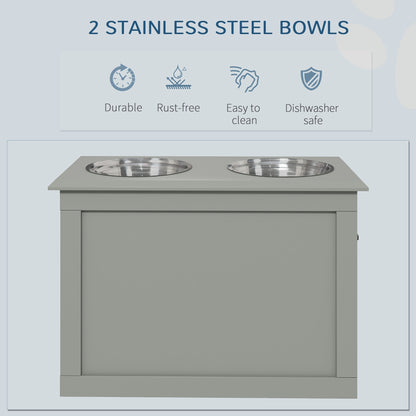PawHut Raised Dog Bowls, with Storage, Two Stainless Steel Bowls, Elevated Base - Grey