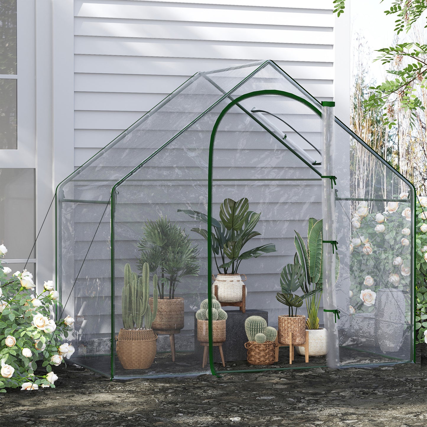 دفيئة خارجية صغيرة للطماطم من Outsunny Walk In Garden، مع إطار فولاذي وباب ونافذة بسحاب، وغطاء من البولي فينيل كلوريد، مقاس 180 × 100 × 168 سم، شفاف