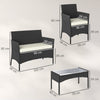 Outsunny 4 Piece Rattan Garden Furniture Sofa Set with Loveseat, Armchairs, Glass-Top Coffee Table and Cushions, Cream White