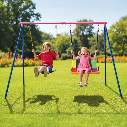 Two children enjoying the blue swing stand with swings in a garden setting