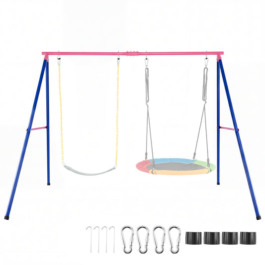 A-Frame Swing Stand with two swings, ground stakes, carabiners and foot covers