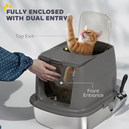 PawHut Large Stainless Steel Litter Box, Enclosed Metal Cat Litter Tray with Scoop, Deodoriser Bag, Front-Entry and Top-Exit