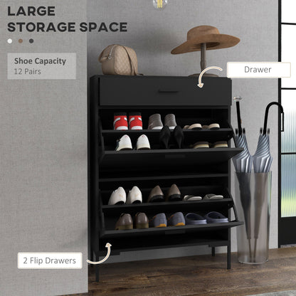 HOMCOM Three Drawer Slim Shoe Storage Cabinet, 12 Shoe Pairs - Black