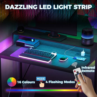 HOMCOM Gaming Desk, 100cm Computer Desk with LED Lights, Power Outlets, Monitor Stand and Remote, Black Wood-Effect