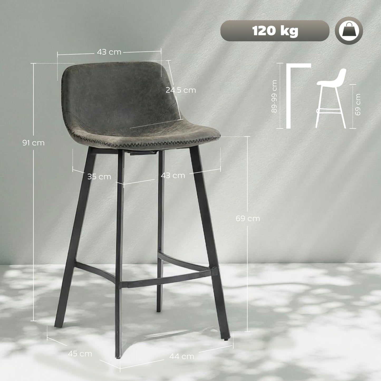 HOMCOM Bar Stools Set of 2, PU Leather Dining Stools with Backrest, Footrest, for Kitchen, Counter, Breakfast Bar, Grey