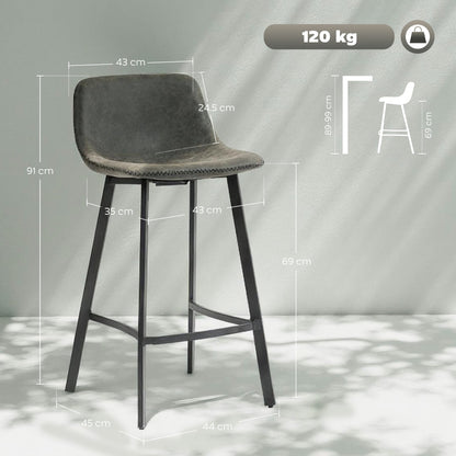 HOMCOM Bar Stools Set of 2, PU Leather Dining Stools with Backrest, Footrest, for Kitchen, Counter, Breakfast Bar, Grey