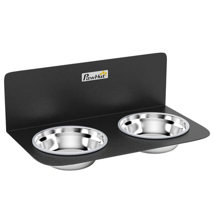 PawHut Wall Mount Dog Bowls, Adjustable Height Raised Dog Feeding Station with 2 Stainless Steel Bowls, 10kg Capacity, Black
