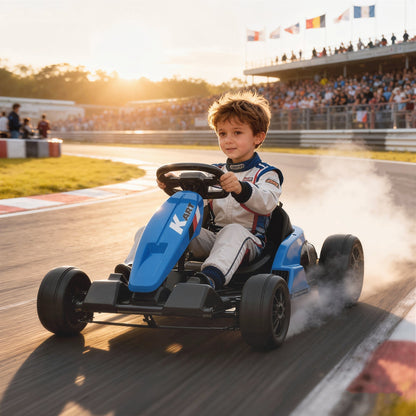 AIYAPLAY 24V Electric Go Kart, Drift Kart with Adjustable Seat, Slow Start, 5-Point Harness, Music, Horn, for 6-12 Years, Blue