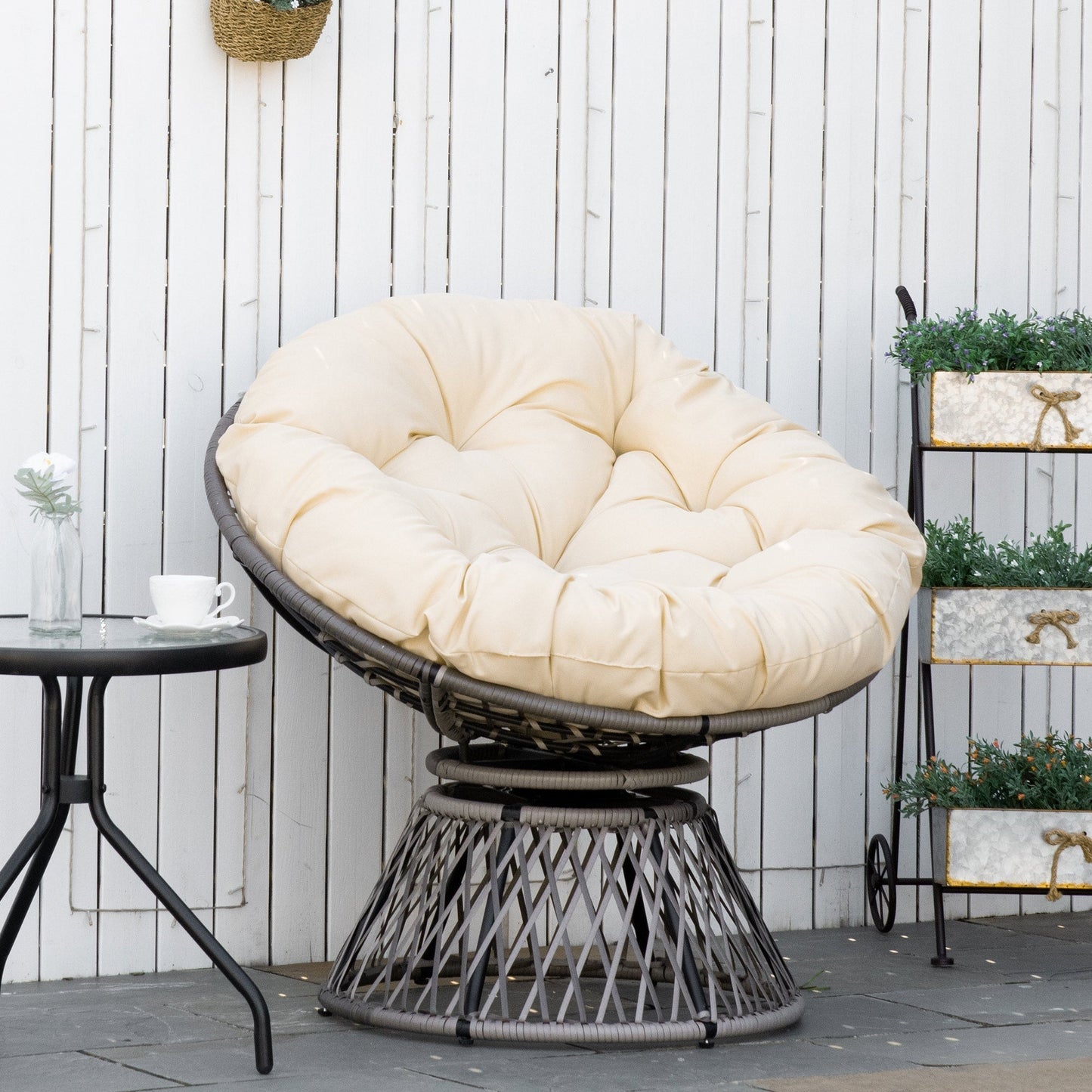 Outsunny 360 degrees Swivel Rattan Moon Bowl Chair Round Lounge Garden Wicker Basket Seat with Padded Cushion Oversized for Outdoor Indoor, Beige