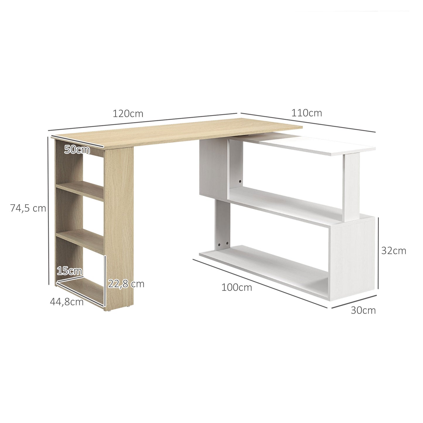 HOMCOM L-shaped desk modular computer desk built-in bookcase + 3-tier shelf white and natural wood