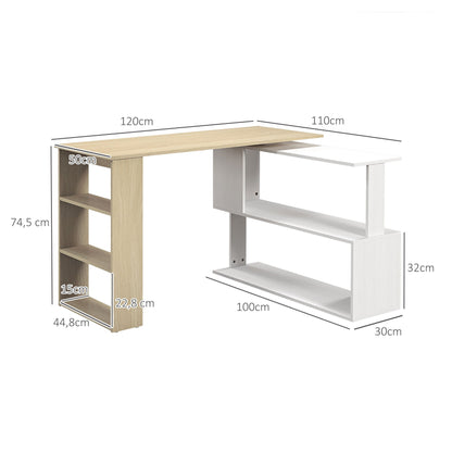 HOMCOM L-shaped desk modular computer desk built-in bookcase + 3-tier shelf white and natural wood