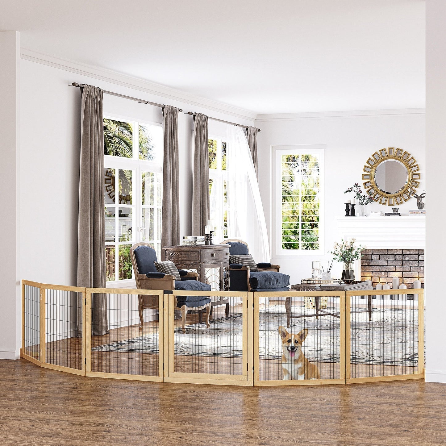 PawHut Wooden Pet Gate, Freestanding Dog Security Barrier with Two Support Feet - Natural Tone