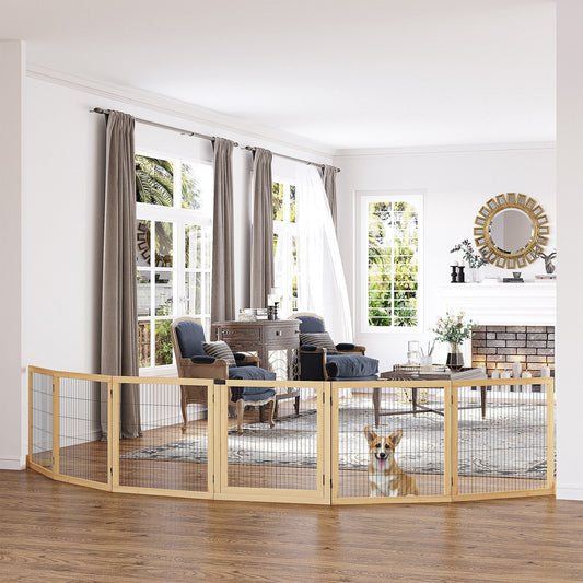 PawHut Wooden Pet Gate, Freestanding Dog Security Barrier with Two Support Feet - Natural Tone