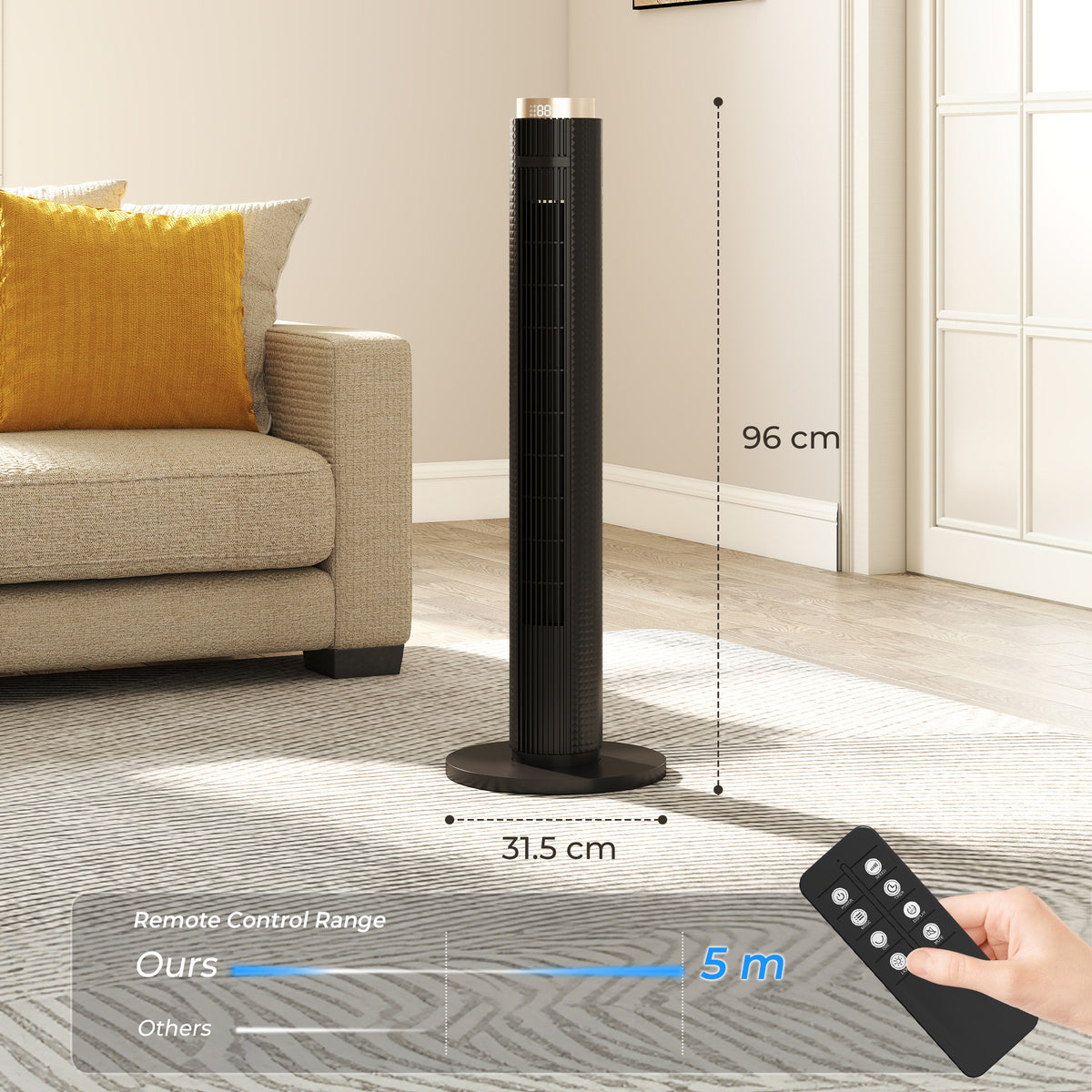 HOMCOM Tower Fan with WiFi App Control in Light Black
