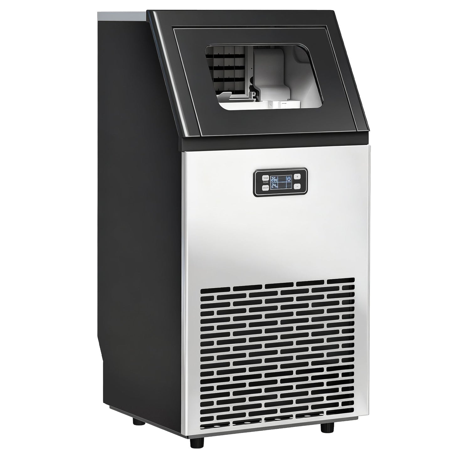 HOMCOM Commercial Ice Maker Machine, Freestanding Stainless Steel Ice Machine with Self-Cleaning, LCD Display, 45kg/24 Hours and 11kg Ice Storage for Home, Office, Bar, Restaurant, Supermarkets