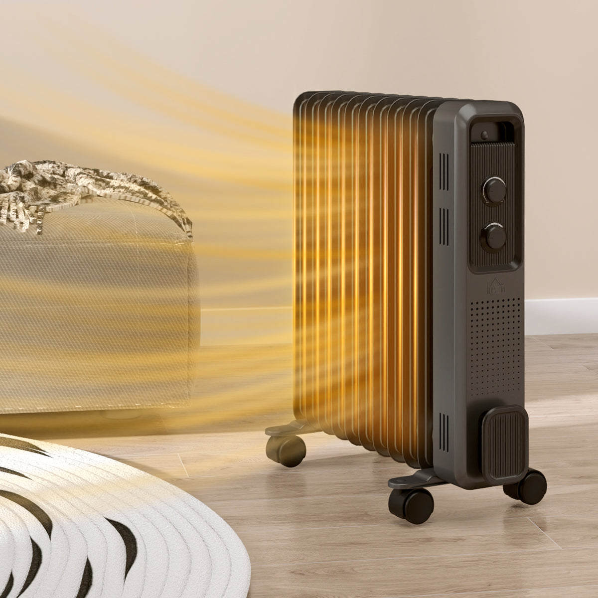 HOMCOM 2500W Oil Filled Radiator, 11 Fin, Portable Electric Heater with 3 Heat Settings, Safety Cut-Off and Wheels, Grey