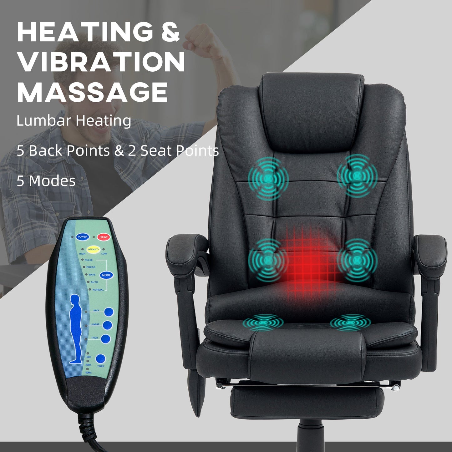Vinsetto Office Chair with 6 Point Massage and Back Heat, PU Desk Chair with Footrest Adjustable Height and Swivel Wheels, Back Reclining, Black