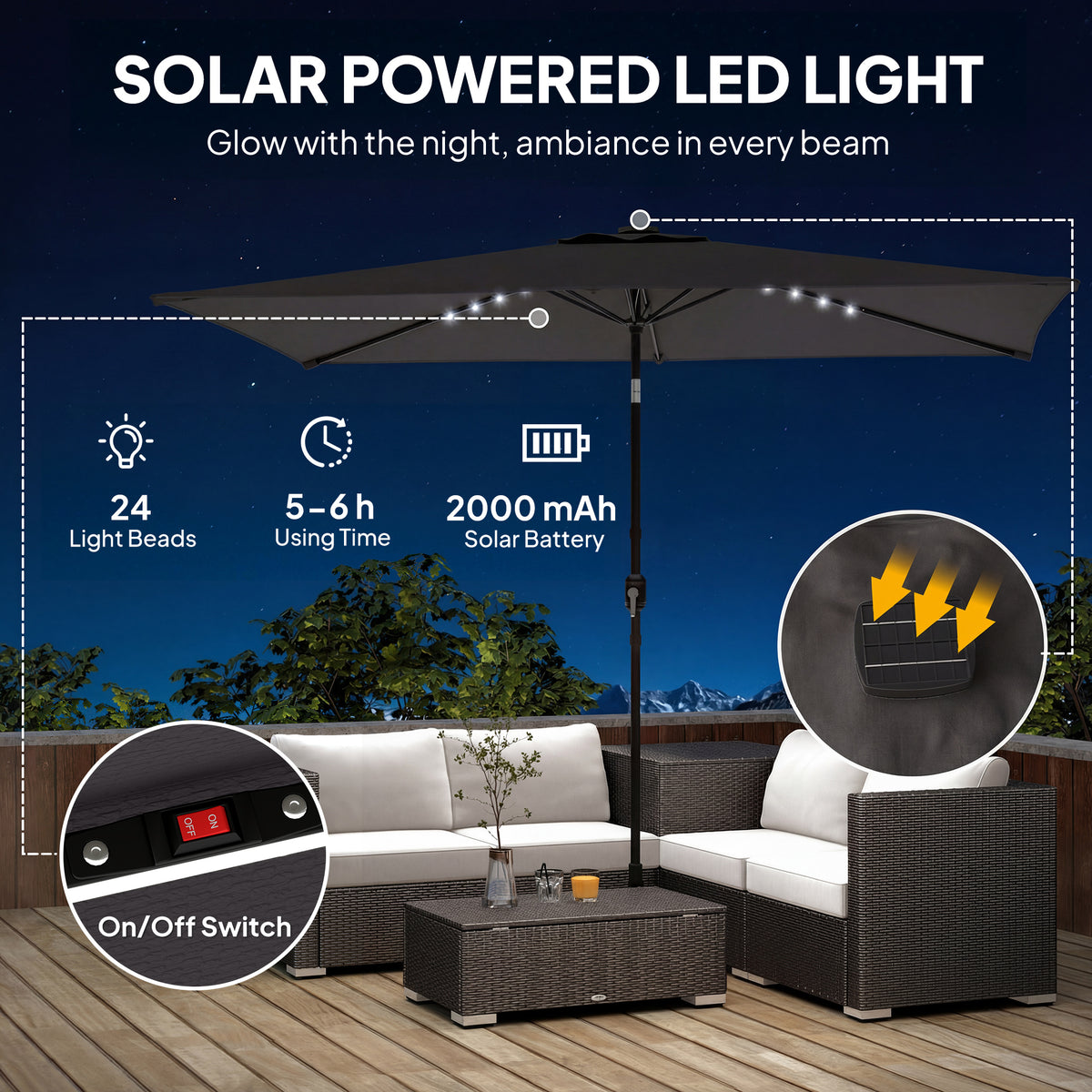Outsunny Garden Parasol Umbrella with LED Solar Light in Black