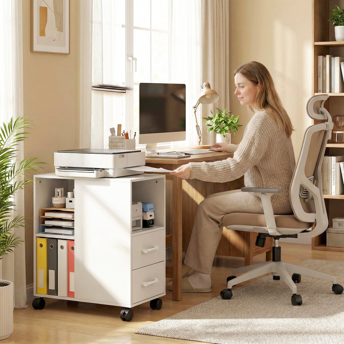 HOMCOM Narrow Mobile Printer Table with Wheels, Rolling Printer Stand with Drawers for Home Office, 30 x 60 x 65 cm, White