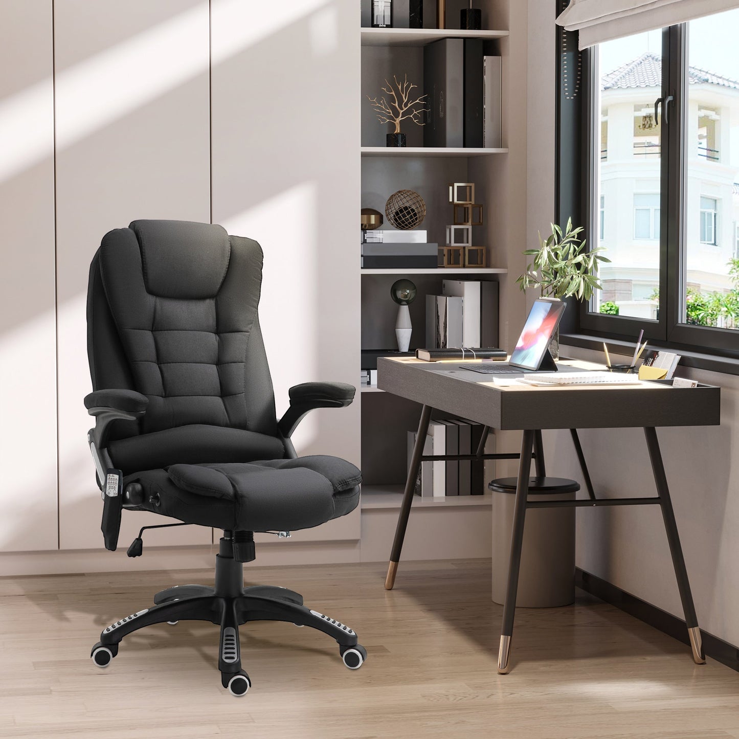 Vinsetto Massage Recliner Chair Heated Office Chair with Six Massage Points Linen-Feel Fabric 360 degrees Swivel Wheels Black