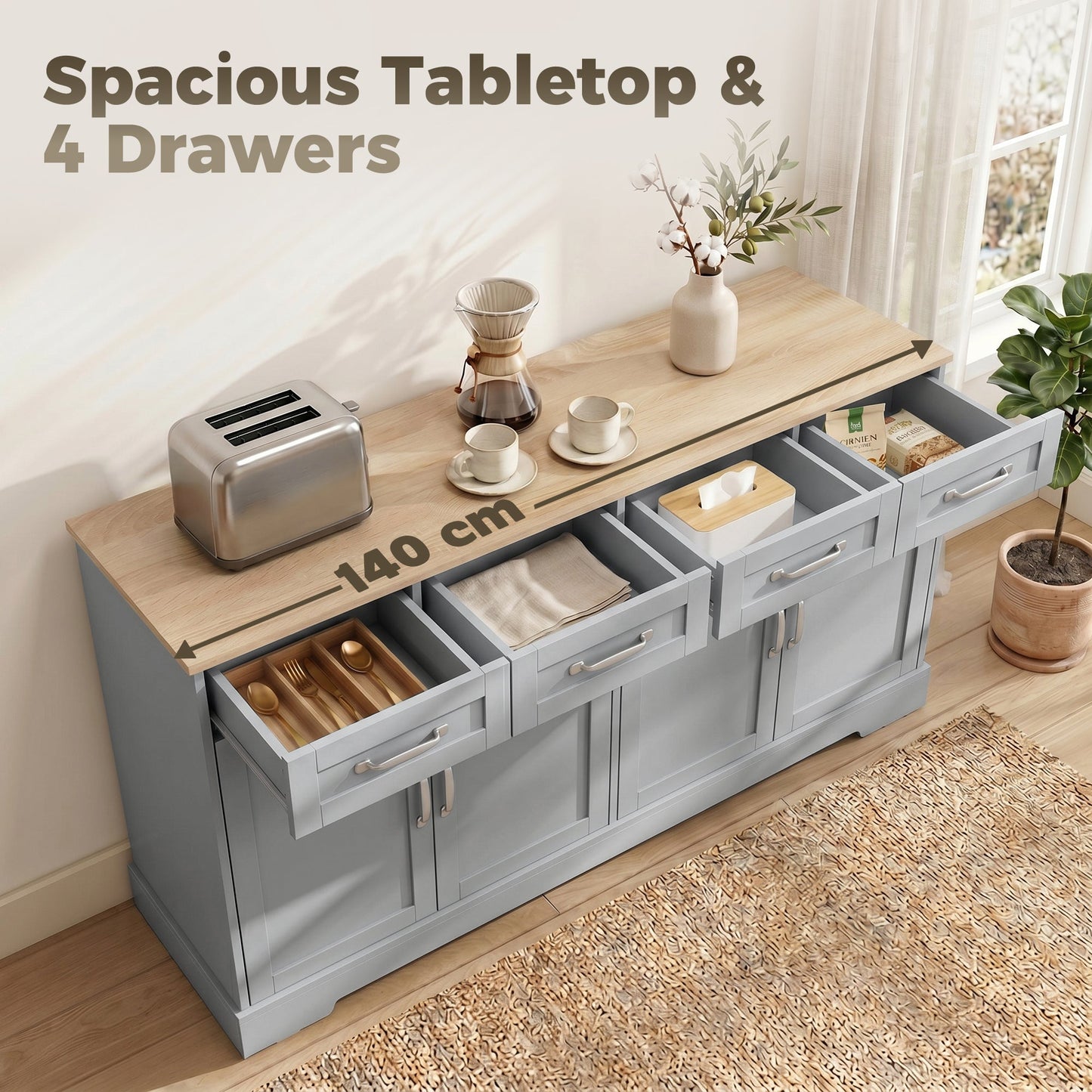 HOMCOM Sideboard Buffet Cabinet, 140 cm Kitchen Storage Cabinet with 4 Drawers, 4 Doors and 2 Adjustable Shelves, Grey