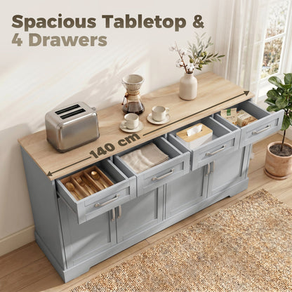 HOMCOM Sideboard Buffet Cabinet, 140 cm Kitchen Storage Cabinet with 4 Drawers, 4 Doors and 2 Adjustable Shelves, Grey