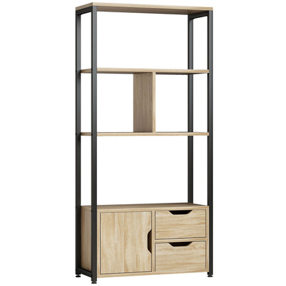HOMCOM 4-Tier Bookcase, Bookshelf with 1 Cabinet and 2 Drawers for Living Room, Bedroom, Study, Natural Wood