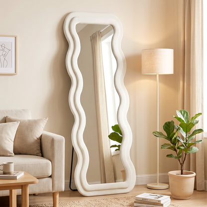 HOMCOM Full Length Mirror, 160 x 60 cm Wavy Full Body Wall Standing Mirror with Velvet Frame and Tempered Glass, Cream White