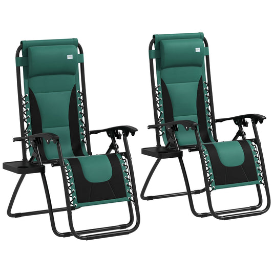 Outsunny Zero Gravity Lounger Chair Set of 2, كرسي قابل للطي للاسترخاء في الفناء مع مقعد مبطن، وحامل أكواب، ووسادة ناعمة ومسند رأس للمسبح، والتخييم، أخضر