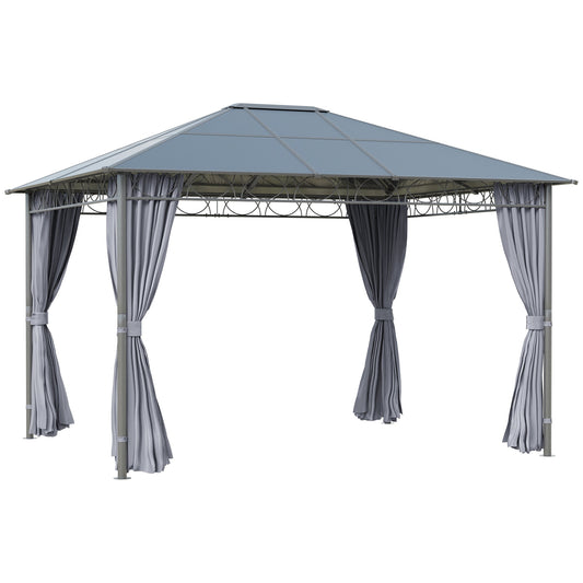 جناح حديقة Outsunny Hardtop Gazebo بمقاس 3 × 3.6 متر مع سقف من البولي كربونات، جناح دائم مع ستائر للفناء والسطح، رمادي