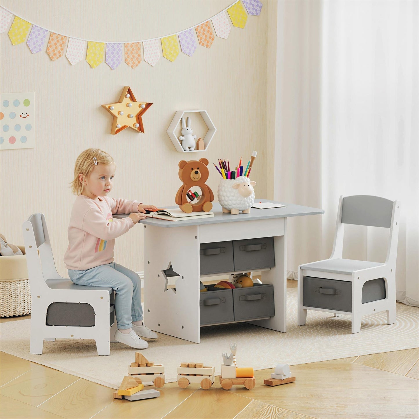 AIYAPLAY Kids Table and Chair Set, Toddler Table and 2 Chairs Set with 6 Removable Drawers, for Boys Girls Ages 3-8, Light Grey