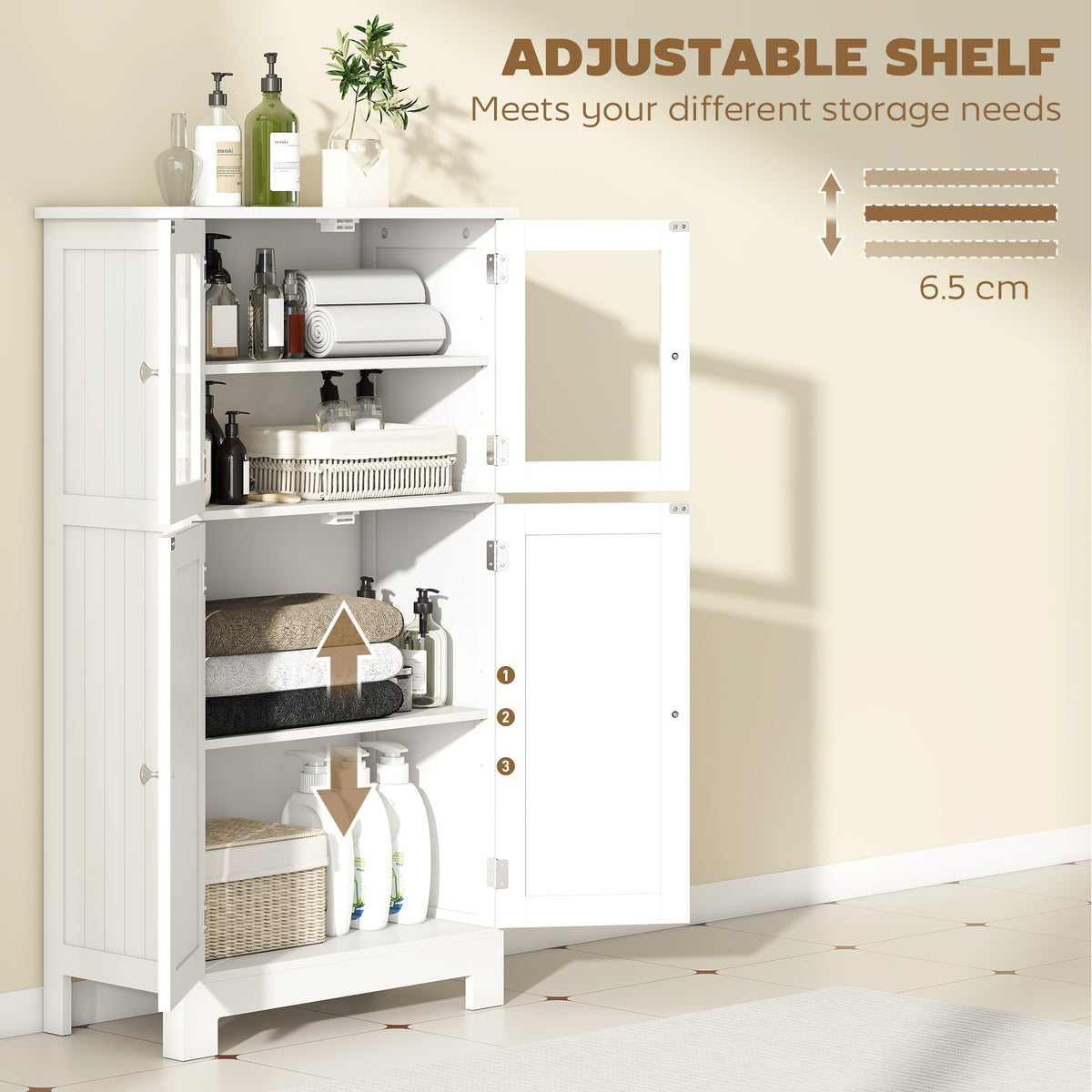 kleankin Bathroom Floor Cabinet, Freestanding Kitchen Cupboard with 2 Drawers, Adjustable Shelves and Tempered Glass Door, Wooden Storage Unit for Living Room Kitchen Hallway