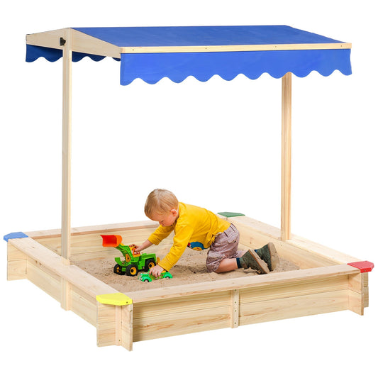Outsunny Kids Wooden Sand Pit Sandbox صندوق رمل خشبي للأطفال مربع في الهواء الطلق مع مظلة مقعد قابل للتعديل 120x120x120 سم