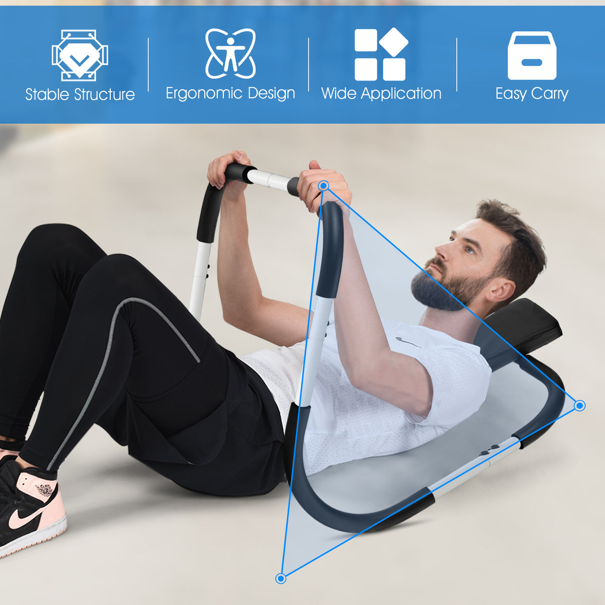 Man demonstrating the abdominal crunch fitness trainer with key features highlighted
