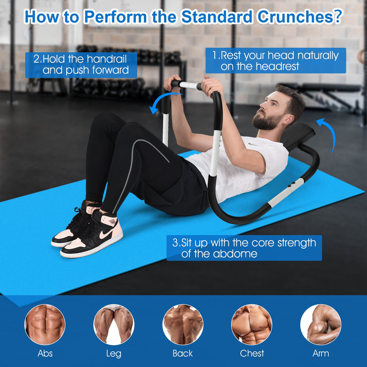 Diagram showing how to perform standard crunches with the abdominal crunch fitness trainer