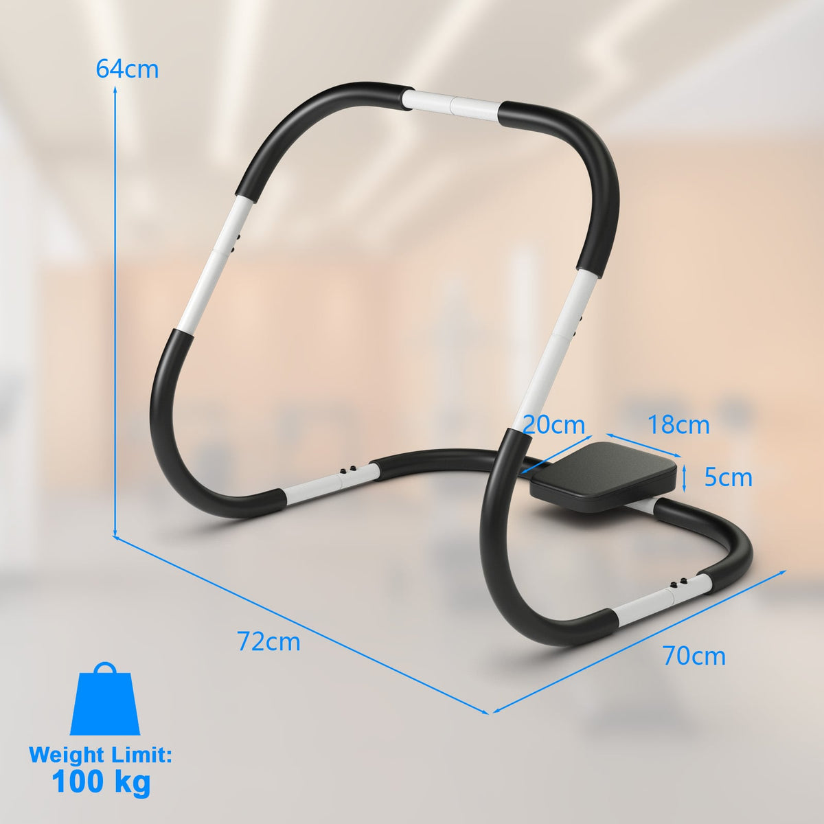 Dimensions of the portable abdominal crunch fitness trainer showing height, width and length