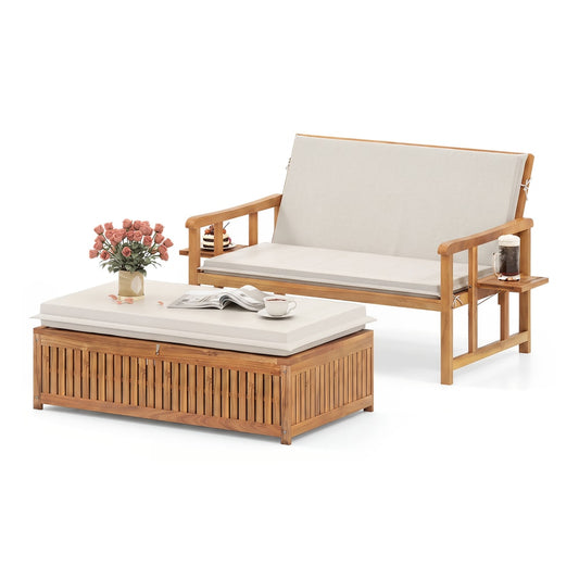 The patio furniture set includes a daybed and a storage ottoman