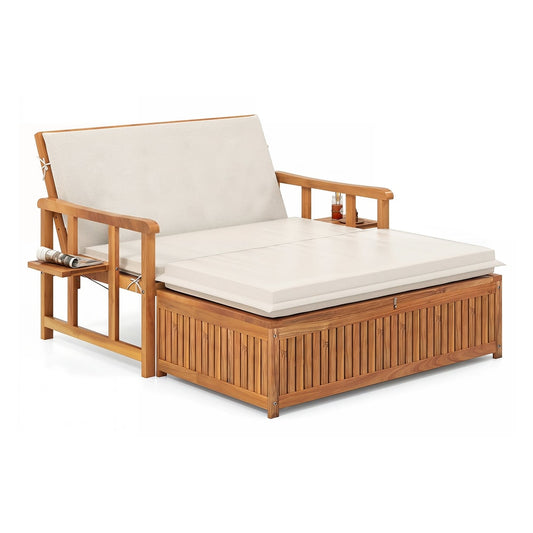 Acacia Wood Garden Daybed with adjustable backrest and side trays in white