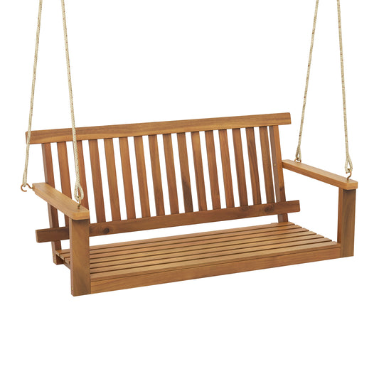 Acacia Wood Porch Swing with Slatted Seat and Backrest, a wooden swing with slatted seat and backrest hanging from ropes