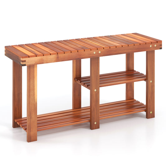 Acacia Wood Shoe Rack Bench with a slatted top and two lower storage shelves