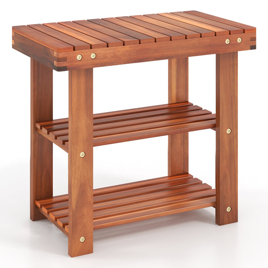 Acacia Wood Shoe Rack Bench with three slatted tiers and sturdy legs on a plain white background