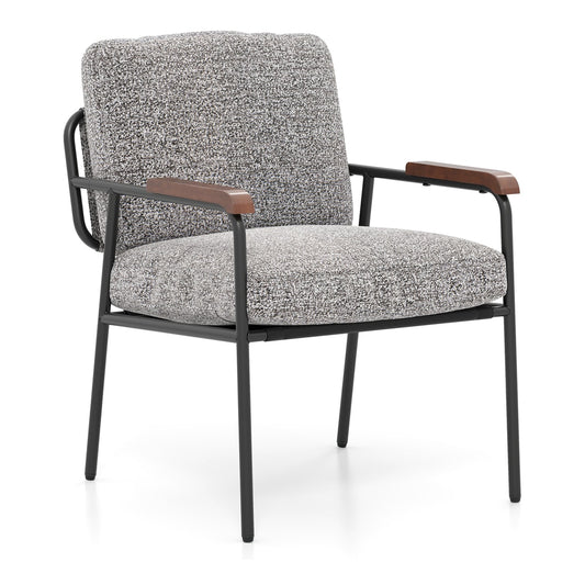Accent Chair with Back Pillow and Wide Cushioned Seat in grey textured fabric with black metal frame and wooden armrests