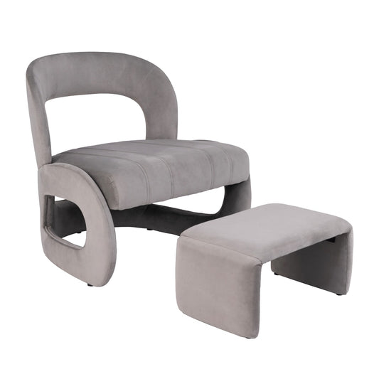 Accent Chair with Ottoman and Open Curved Back in grey fabric, a modern armchair with matching footstool