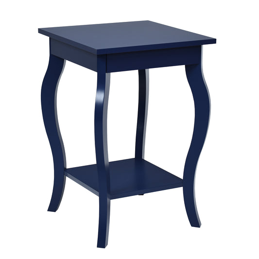 Accent End Table with elegant curved legs and two-tier open storage shelves in blue