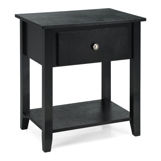 Accent Table narrow side end table with one drawer and open storage shelf in black